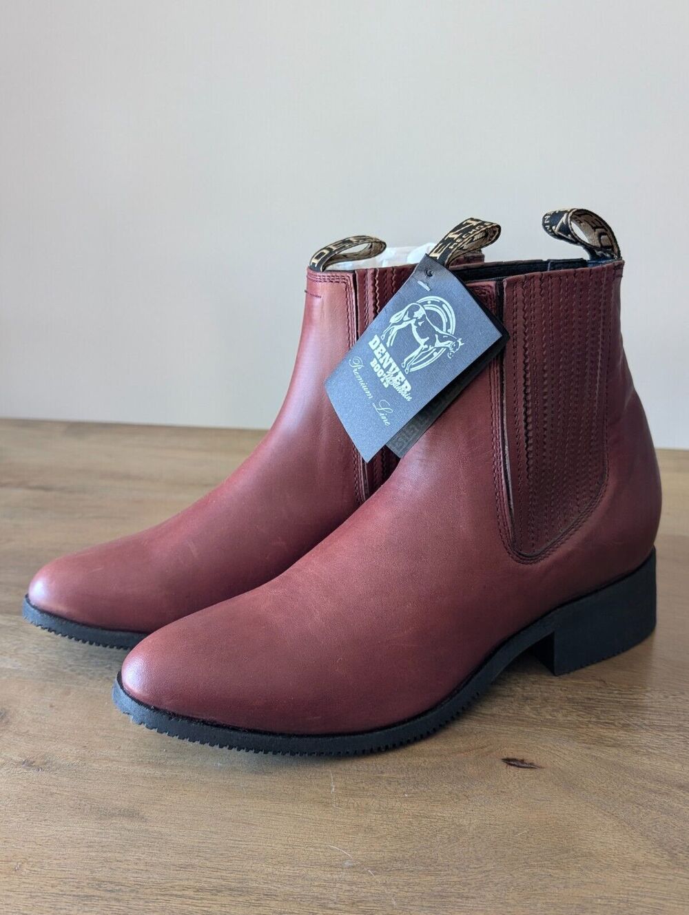 Denver Chelsea Ankle Boots Mens 25.5 Burgundy Leather Almond Toe Western Pull On